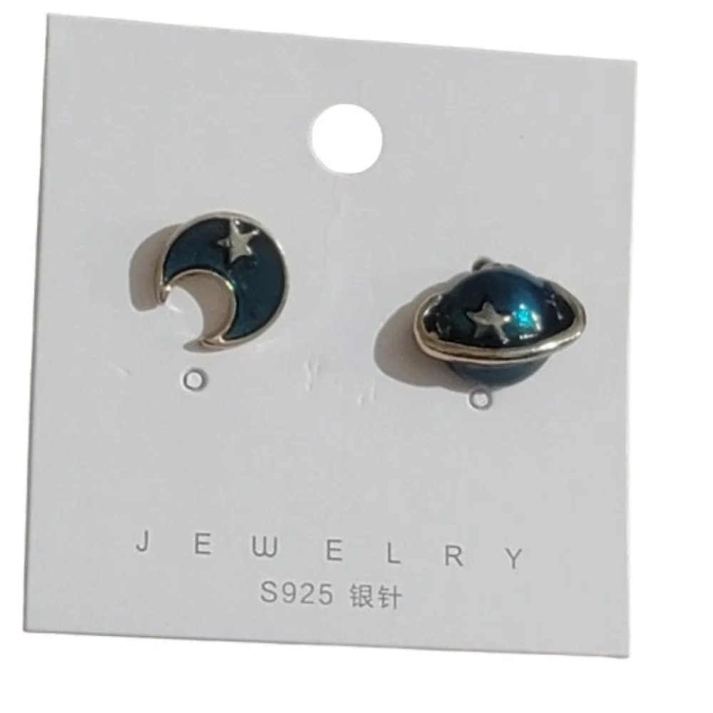 Asymmetrical Celestial Mismatch Stud Earrings Dark Blue Crescent Moon & Star